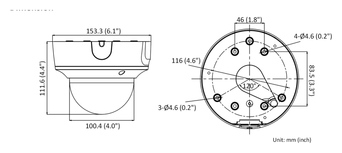 DS-2CD2723G2-IZS-D 外形尺寸圖 Ø 153.3 mm × 111.6 mm (Ø 6.1" × 4.4")｜重量 Approx. 880 g (1.9 lb.)｜Unit: mm