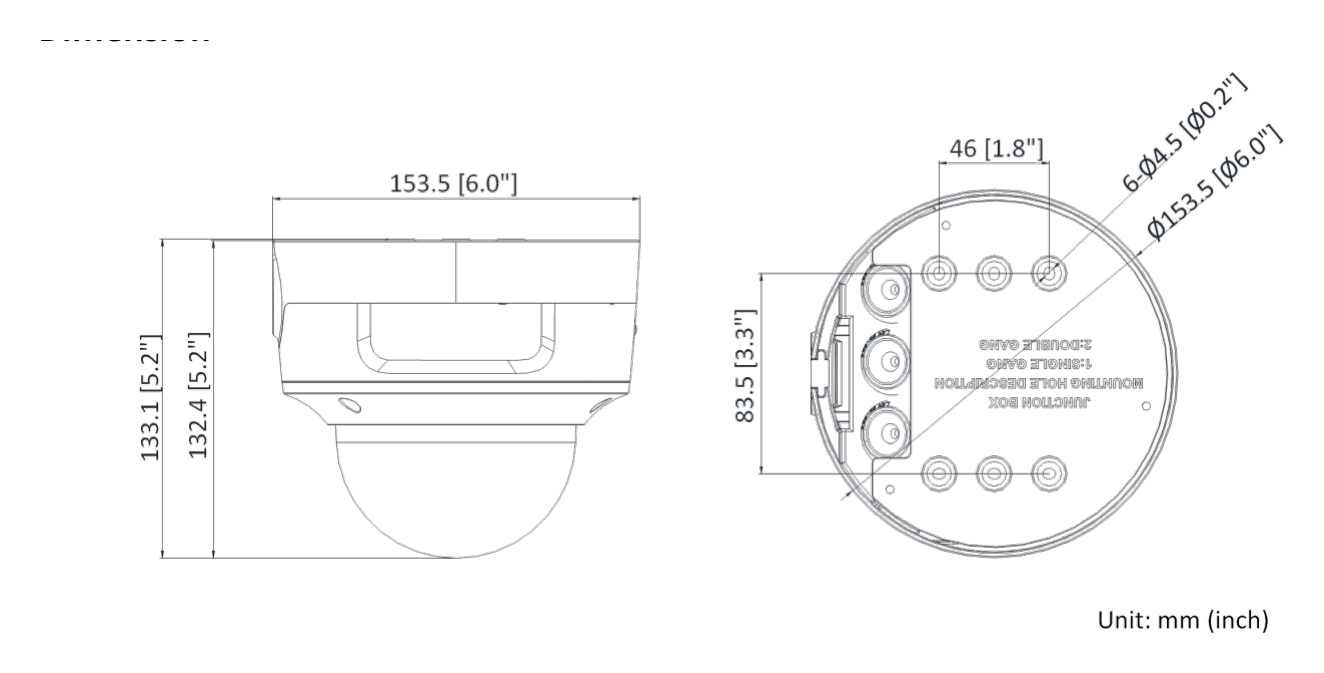 DS-2CD2726G2-IZS-D 外形尺寸圖 Ø 153.5 mm × 133.1 mm (Ø 6.0" × 5.2")｜重量 Approx. 830 g (1.9 lb.)｜Unit: mm