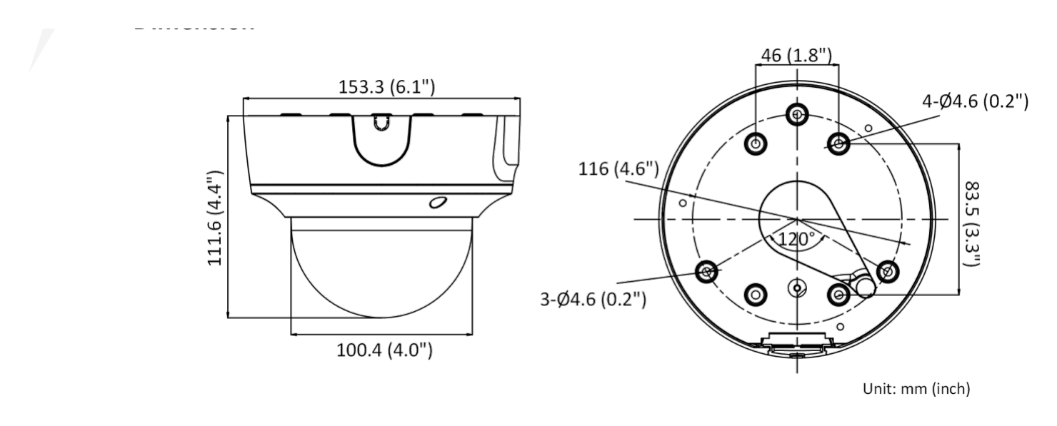 DS-2CD2743G2-IZS 外形尺寸圖 Ø153.3 × 111.6 mm (Ø6.1″ × 4.4″)｜重量 Approx. 880 g (1.9 lb.)｜Unit: mm