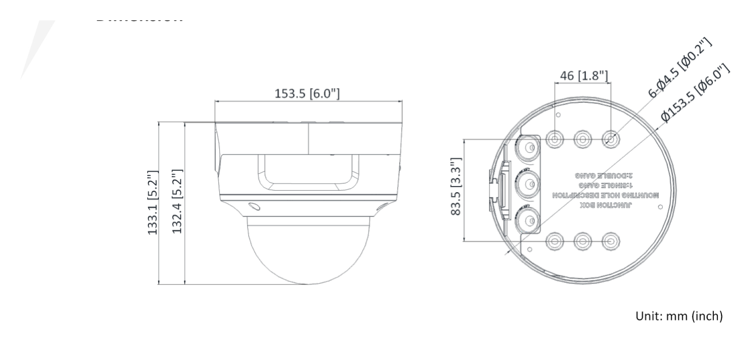DS-2CD2746G2-IZS-C 外形尺寸圖 Ø 153.5 mm× 133.1 mm (Ø 6.0" × 5.2")｜重量 Approx. 845 g (1.9 lb.)｜Unit: mm