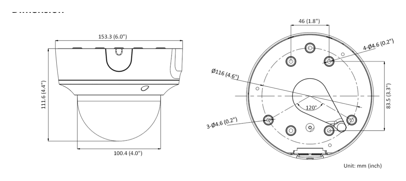 DS-2CD2746G2T-IZS-C 外形尺寸圖 Ø 153.3 mm × 111.6 mm (Ø 6.0" × 4.4")｜重量 Approx. 865 g (1.9 lb.)｜Unit: mm