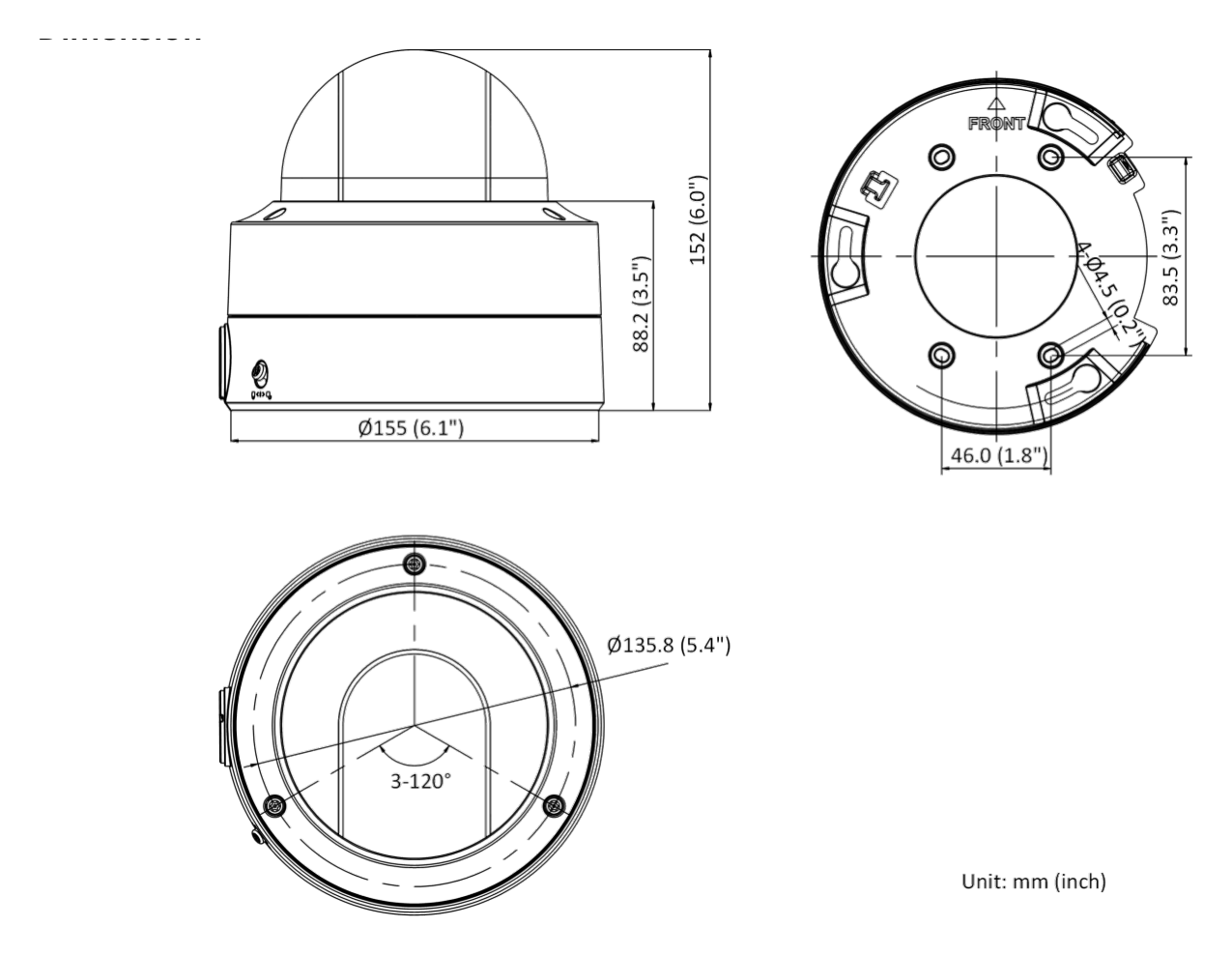 DS-2CD2747G2-LZS-C 外形尺寸圖 Ø 155 mm × 152 mm (Ø 6.1" × 6.0")｜重量 Approx. 1520 g (3.4 lb.)｜Unit: mm