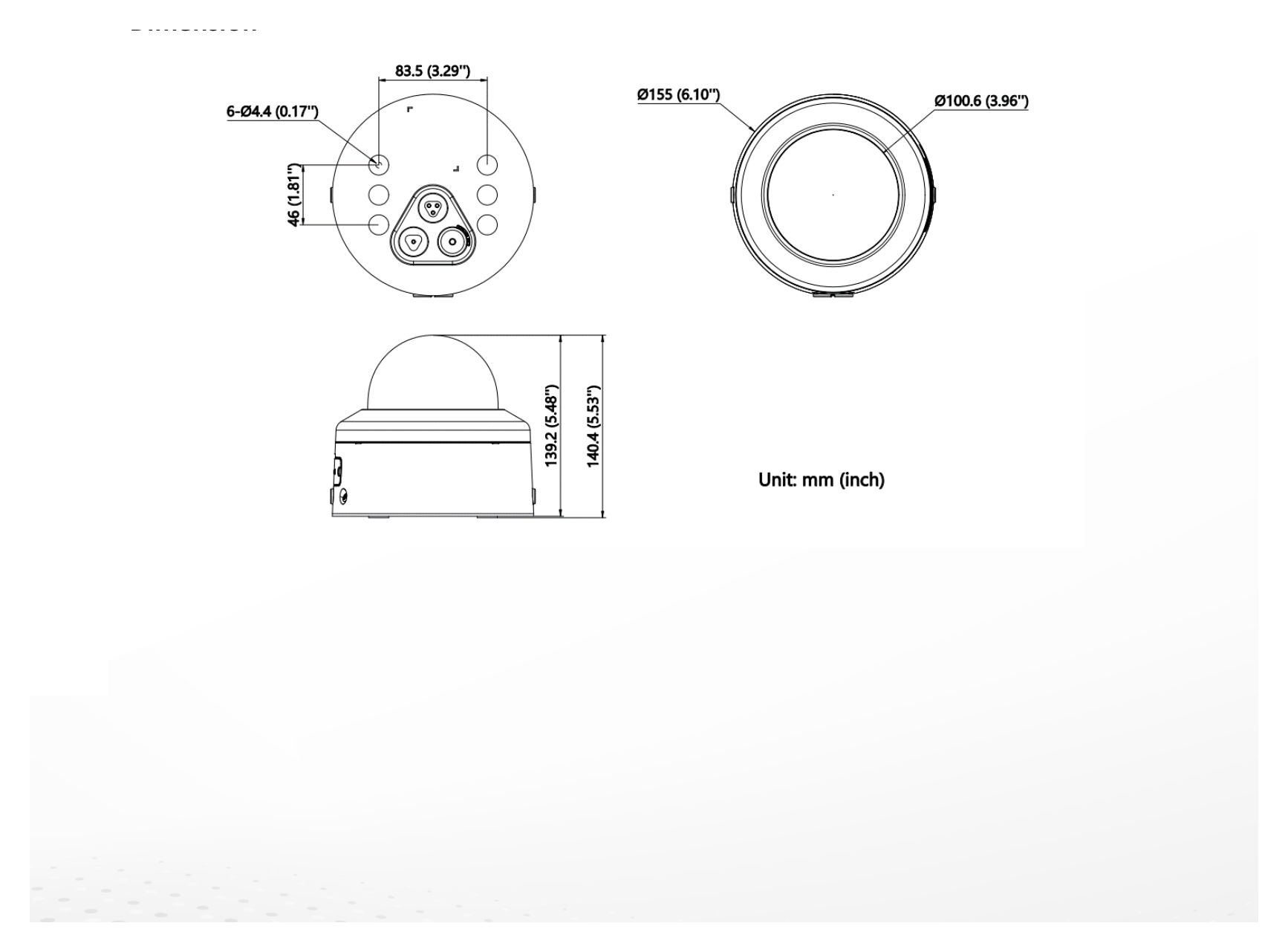 DS-2CD2747G2H-LIPTRZS2U 外形尺寸圖 Ø 155 mm × 140.4 mm (Ø 6.10" × 5.53")｜重量 Approx. 820 g (1.8 lb.)｜Unit: mm