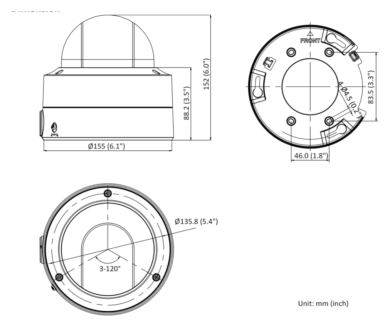 DS-2CD2747G2T-LZS-C 外形尺寸圖 Ø 155 mm × 152 mm (Ø 6.1" × 6.0")｜重量 Approx. 1600 g (3.4 lb.)｜Unit: mm