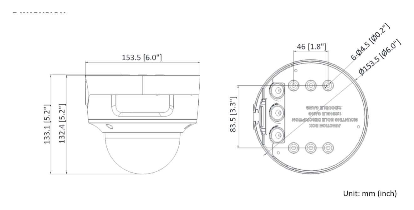 DS-2CD2766G2-IZS-C 外形尺寸圖 Ø 153.5 mm × 133.1 mm (Ø 6.0" × 5.2")｜重量 Approx. 1110 g (2.4 lb.)｜Unit: mm