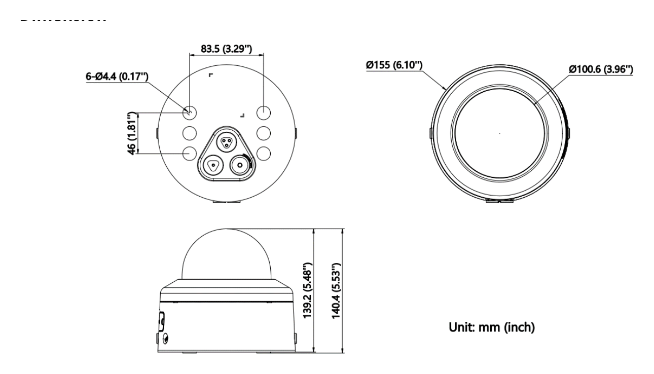 DS-2CD2766G2H-IPTRZS2U 外形尺寸圖 Ø 155 mm × 140.4 mm (Ø 6.10" × 5.53")｜重量 Approx. 840 g (1.9 lb.)｜Unit: mm