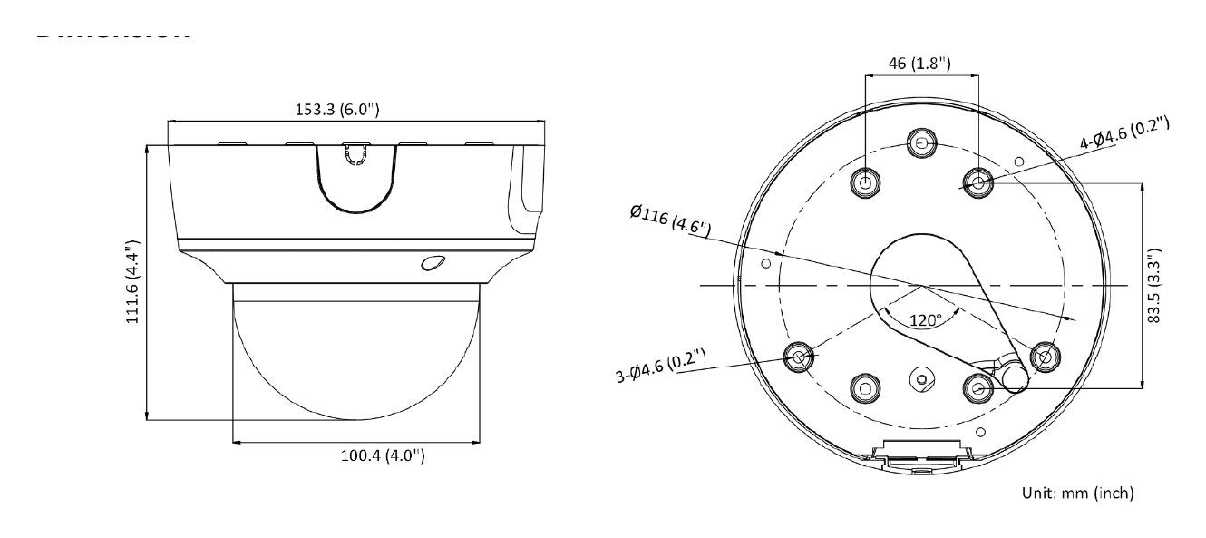DS-2CD2766G2T-IZS-C 外形尺寸圖 Ø 153.3 mm × 111.6 mm (Ø 6.0" × 4.4")｜重量 Approx. 865 g (1.9 lb.)｜Unit: mm