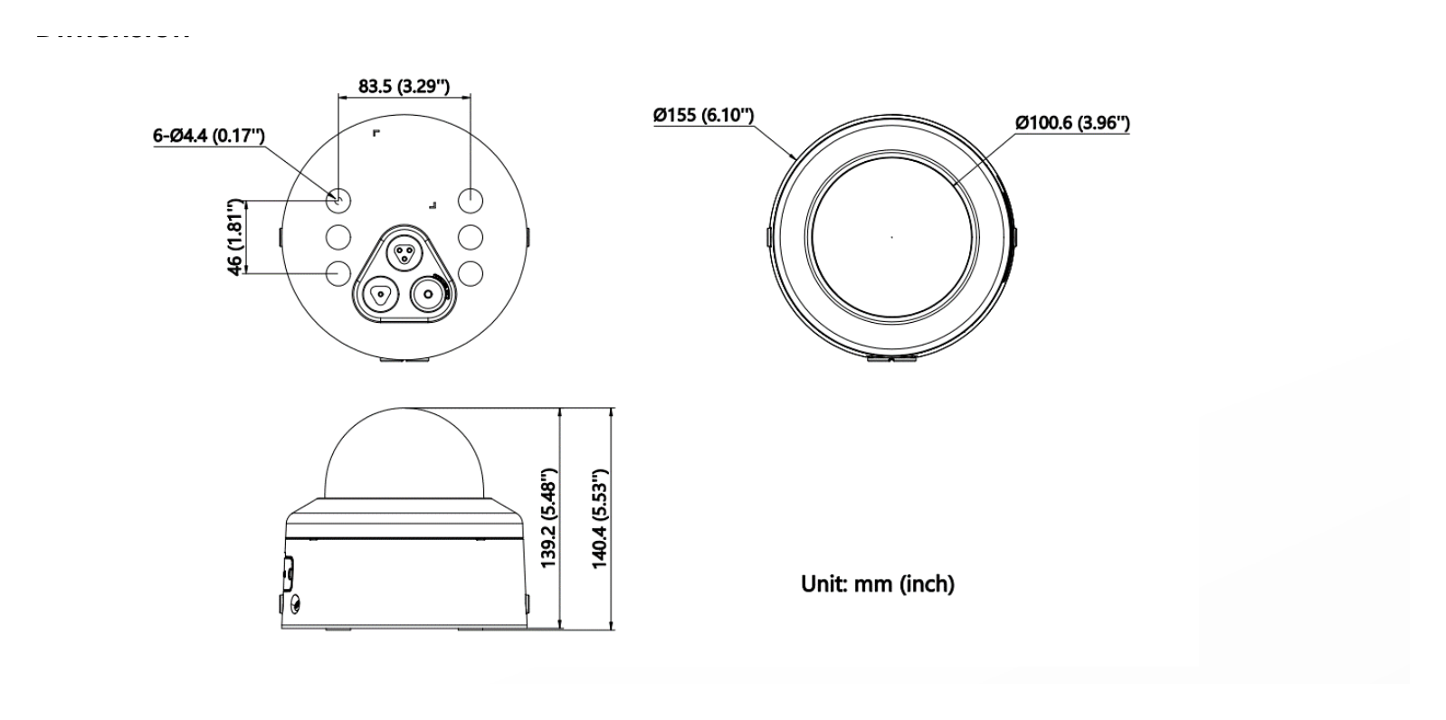 DS-2CD2767G2H-LIPTRZS 外形尺寸圖 Ø 155 mm × 140.4 mm (Ø 6.10" × 5.53")｜重量 Approx. 820 g (1.8 lb.)｜Unit: mm