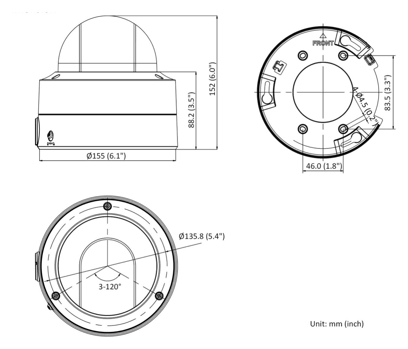 DS-2CD2767G2T-LZS-C 外形尺寸圖 Ø 155 mm × 152 mm (Ø 6.1" × 6.0")｜重量 Approx. 1525 g (3.4 lb.)｜Unit: mm