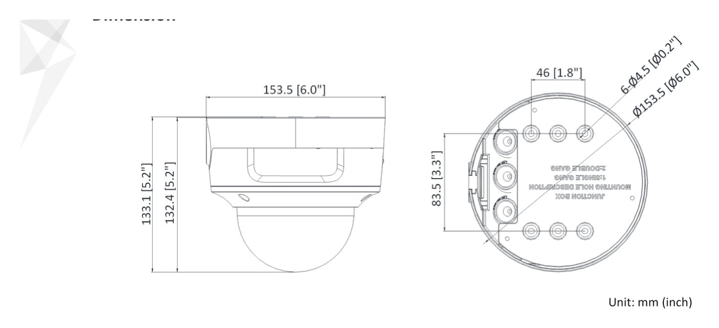 DS-2CD2786G2-IZS-C 外形尺寸圖 Ø 153.5 mm × 133.2 mm (Ø 6" × 5.2")｜重量 Approx. 1080 g (2.4 lb.)｜Unit: mm