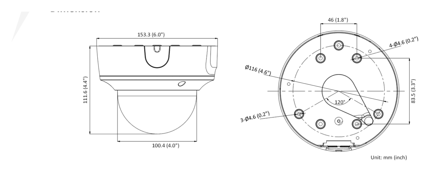 DS-2CD2786G2T-IZS-C 外形尺寸圖 Ø 153.3 mm × 111.6 mm (Ø 6" × 4.4")｜重量 Approx. 860 g (1.9 lb.)｜Unit: mm
