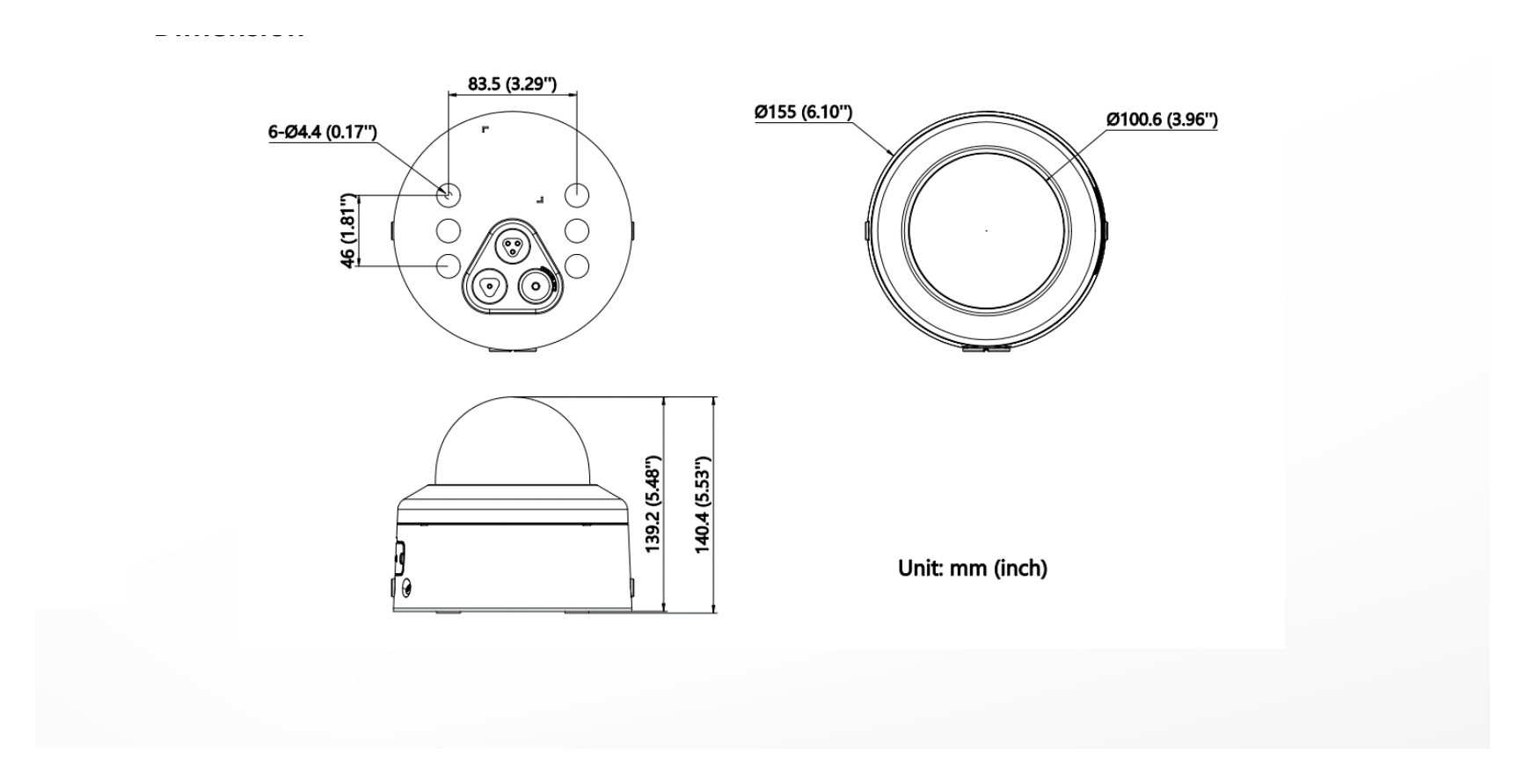 DS-2CD2787G2H-LIPTRZS2U 外形尺寸圖 Ø 155 mm × 140.4 mm (Ø 6.10" × 5.53")｜重量 Approx. 820 g (1.8 lb.)｜Unit: mm