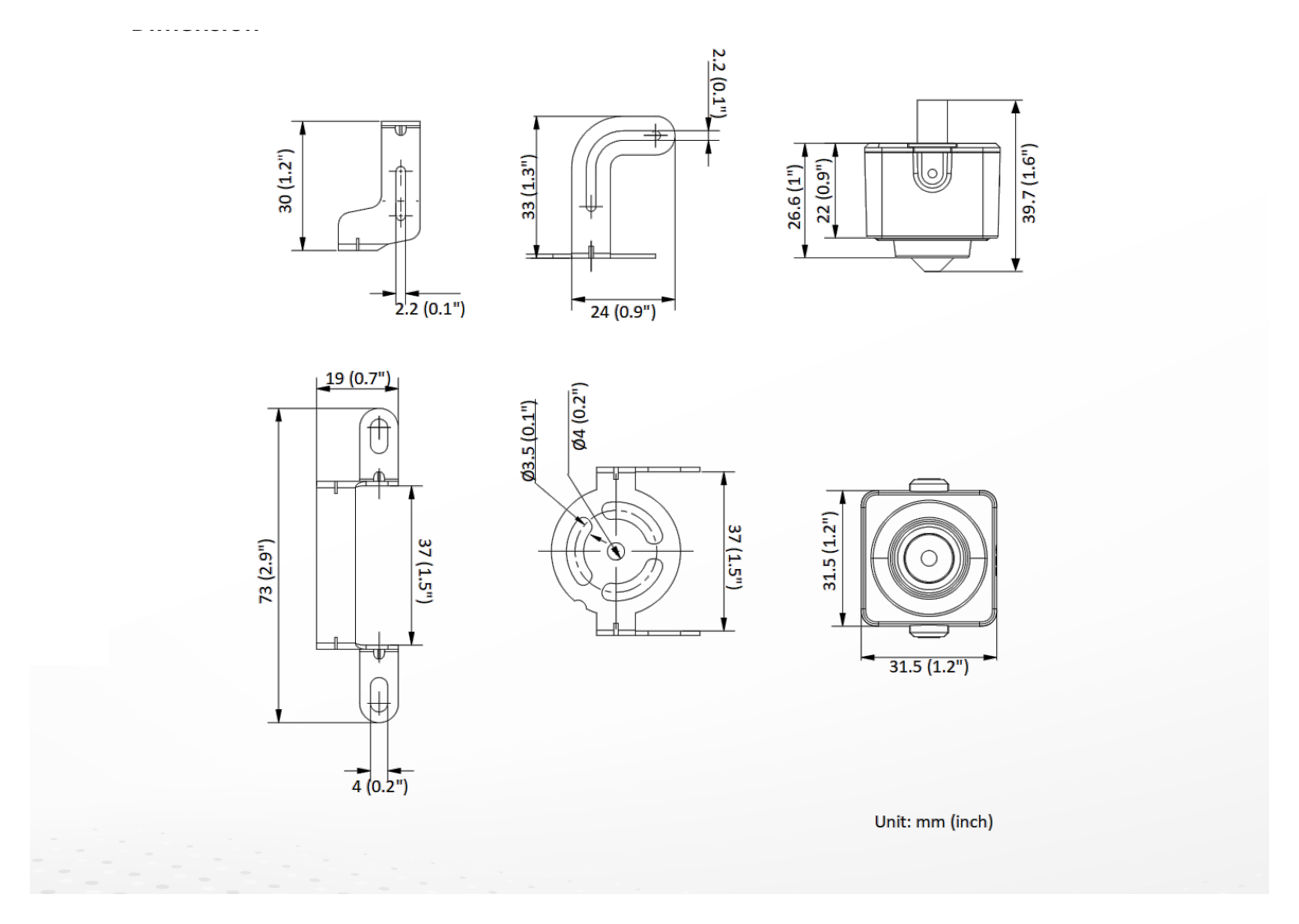 DS-2CD2D25G1-D 外形尺寸圖 31.5 mm × 31.5 mm × 39.7 mm (1.2" × 1.2" × 1.6")｜重量 Approx. 93 g (0.2 lb.)｜Unit: mm