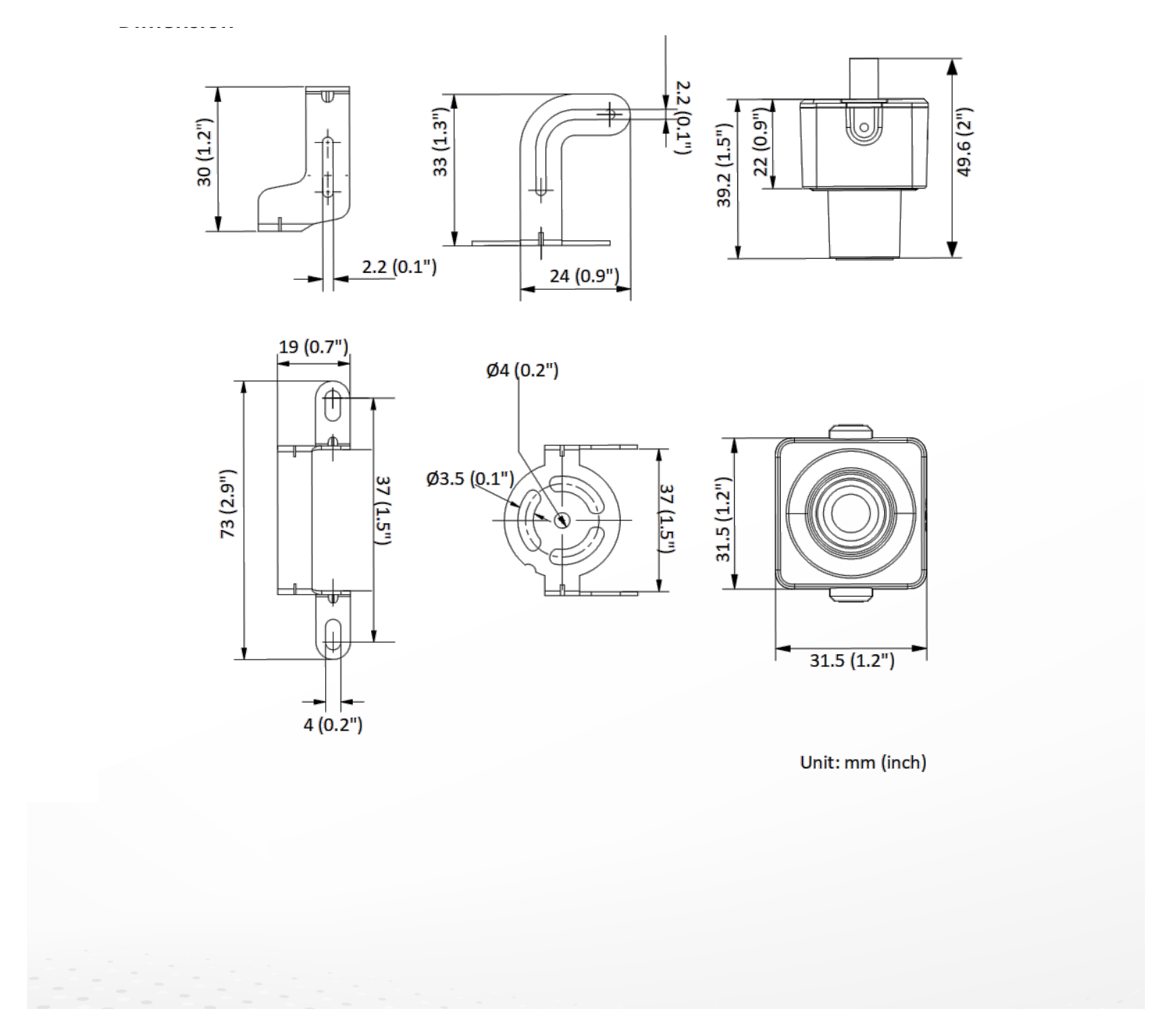 DS-2CD2D25G1 外形尺寸圖 31.5 mm × 31.5 mm × 49.6 mm (1.2" × 1.2" × 2")｜重量 Approx. 93 g (0.2 lb.)｜Unit: mm