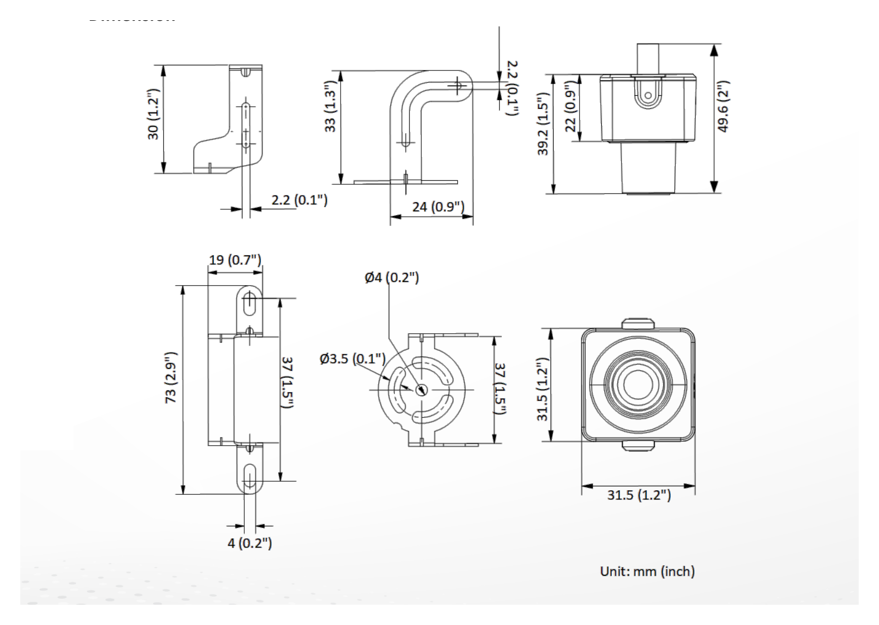 DS-2CD2D45G1 外形尺寸圖 31.5 mm × 31.5 mm × 49.6 mm (1.2" × 1.2" × 2")｜重量 Approx. 93 g (0.2 lb.)｜Unit: mm