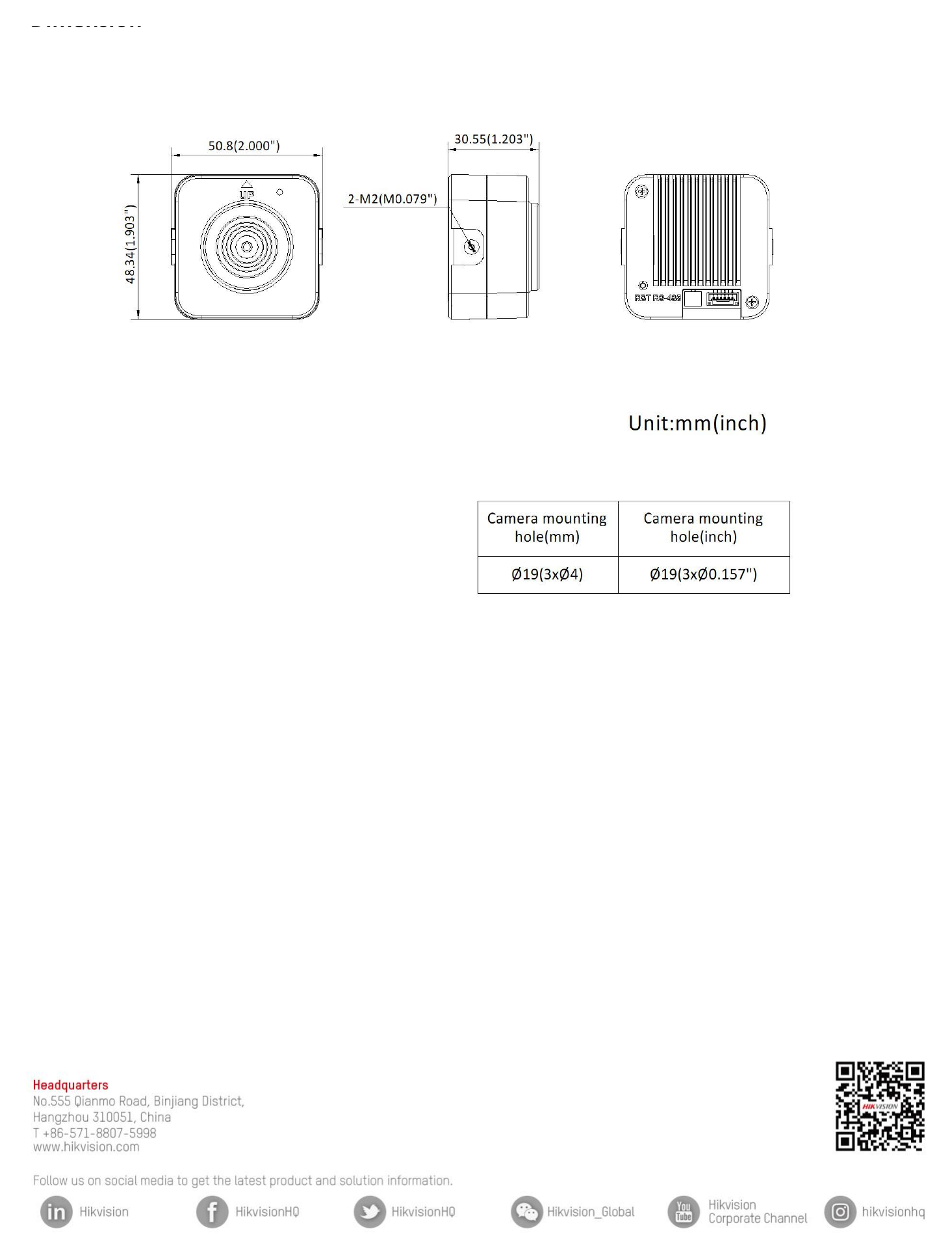 DS-2CD2D45G2-U 外形尺寸圖 50.8 mm × 48.3 mm × 30.6 mm (2.0" × 1.9" × 1.2")｜重量 Approx. 85 g (0.18 lb.)｜Unit: mm