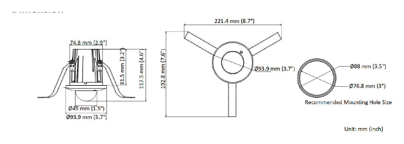 DS-2CD2E23G2-U 外形尺寸圖 Ø 93.9 mm × 117.5 mm (Ø 3.7" × 4.6")｜重量 Approx. 155 g (0.3 lb.)｜Unit: mm