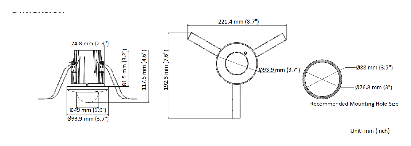 DS-2CD2E43G2-U 外形尺寸圖 Ø 93.9 mm × 117.5 mm (Ø 3.7" × 4.6")｜重量 Approx. 155 g (0.3 lb.)｜Unit: mm