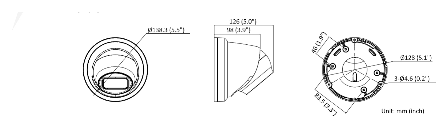 DS-2CD2H23G2-IZS 外形尺寸圖 Ø 138.3 × 126 mm (Ø 5.4" × 5.0")｜重量 Approx. 830 g (1.8 lb.)｜Unit: mm