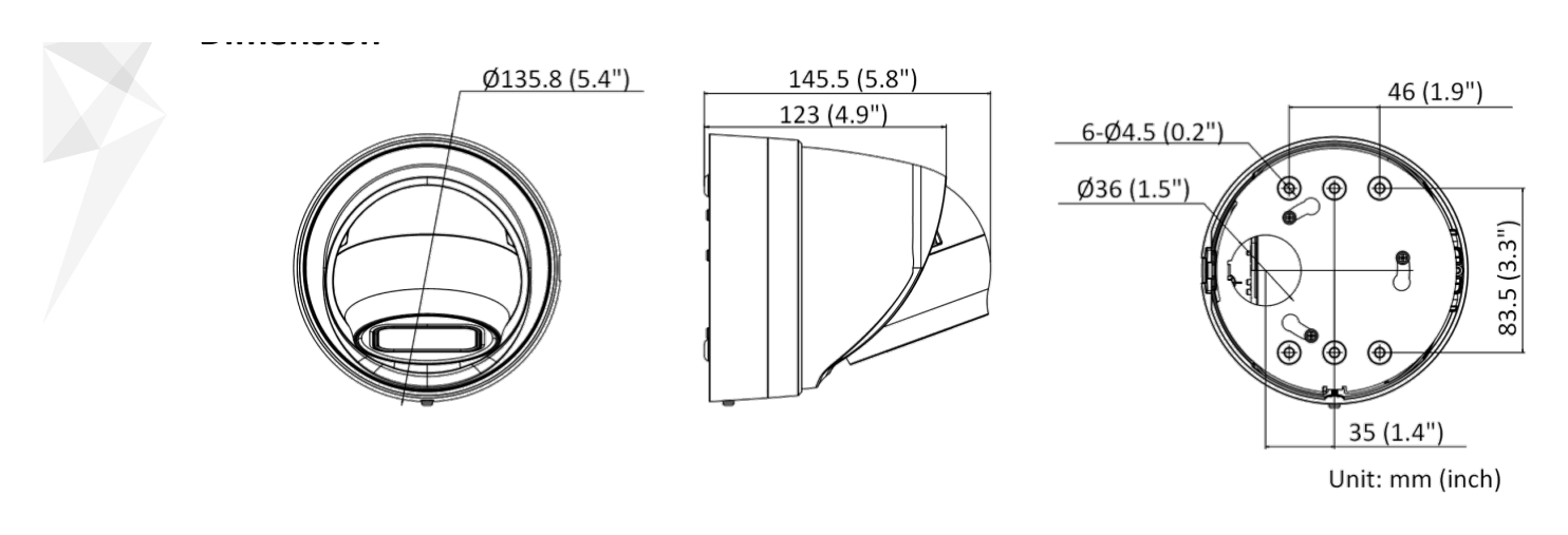 DS-2CD2H26G2-IZS-C 外形尺寸圖 Ø 135.8 mm × 145.5 mm (Ø 5.4" × 5.8")｜重量 Approx. 1160 g (2.6 lb.)｜Unit: mm
