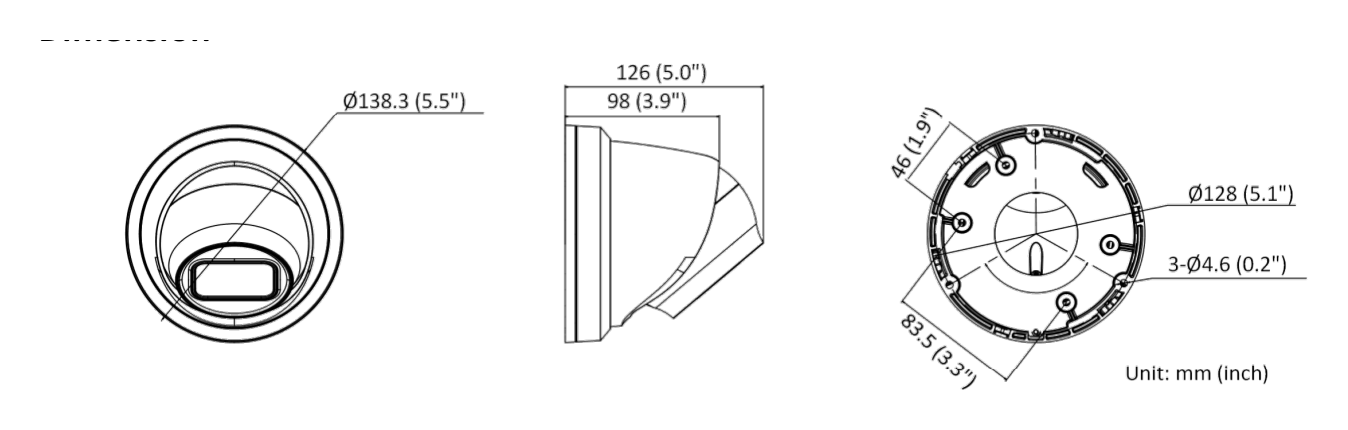 DS-2CD2H43G2-IZS 外形尺寸圖 Ø 138.3 × 126 mm (Ø 5.4" × 5.0")｜重量 Approx. 830 g (1.8 lb.)｜Unit: mm