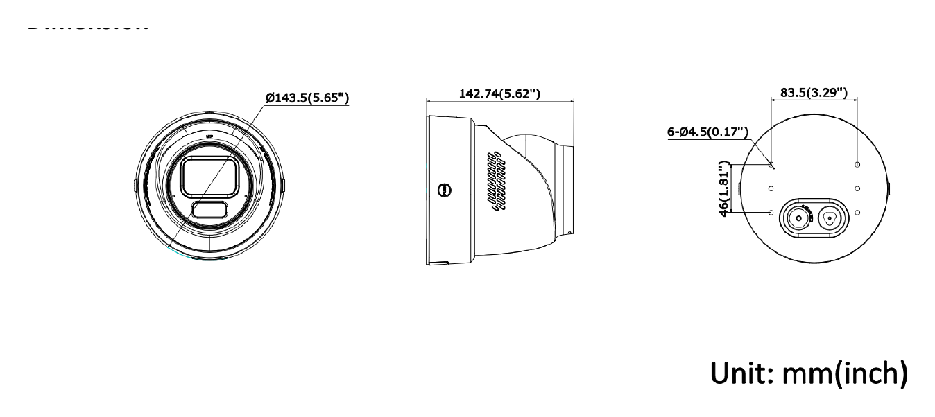 DS-2CD2H46G2H-IZS2UY 外形尺寸圖 Ø 143.5 mm × 142.7 mm (Ø 5.7" × 5.6")｜重量 Approx. 1270 g (2.8 lb.)｜Unit: mm