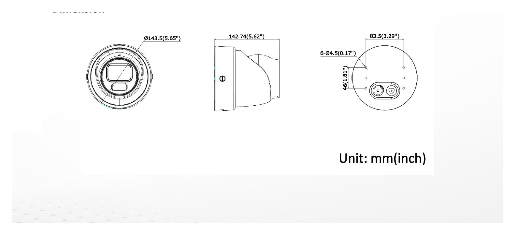 DS-2CD2H46G2H-IZSY 外形尺寸圖 Ø 143.5 mm × 142.7 mm (Ø 5.7" × 5.6")｜重量 Approx. 1270 g (2.8 lb.)｜Unit: mm