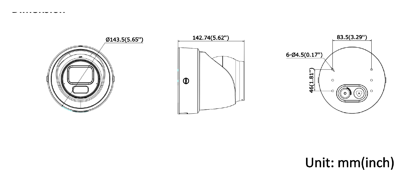 DS-2CD2H47G3-LIZSY 外形尺寸圖 Ø 143.5 mm × 142.7 mm (Ø 5.7" × 5.6")｜重量 Approx. 1265 g (2.8 lb.)｜Unit: mm