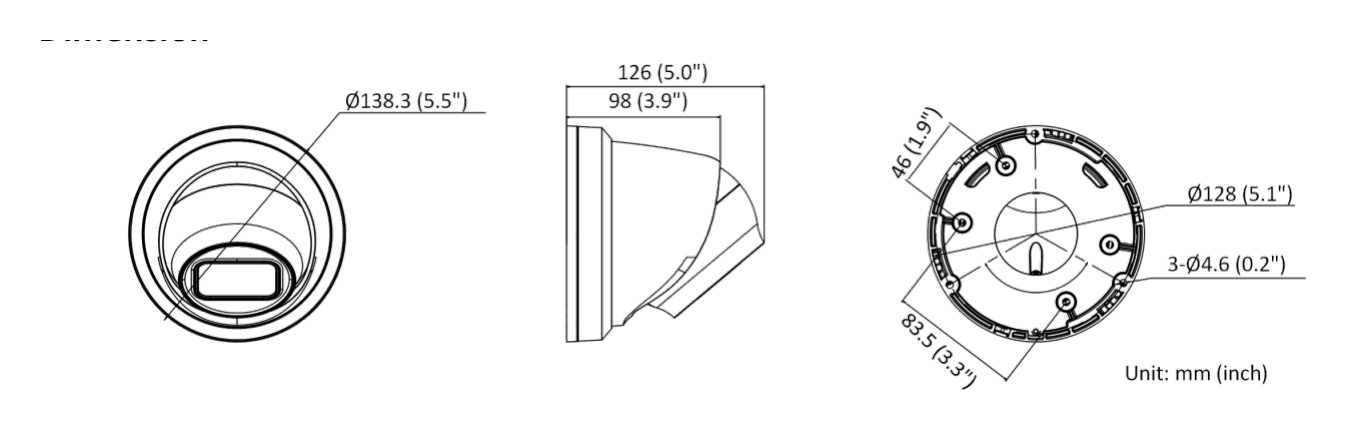 DS-2CD2H63G2-IZS 外形尺寸圖 Ø 138.3 mm × 126 mm (Ø 5.5" × 5.0")｜重量 Approx. 830 g (1.8 lb.)｜Unit: mm