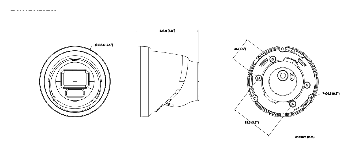 DS-2CD2H63G2-LIZS2U 外形尺寸圖 Ø 138.6 mm × 123 mm (Ø 5.4" × 4.8")｜重量 Approx. 860 g (1.9 lb.)｜Unit: mm