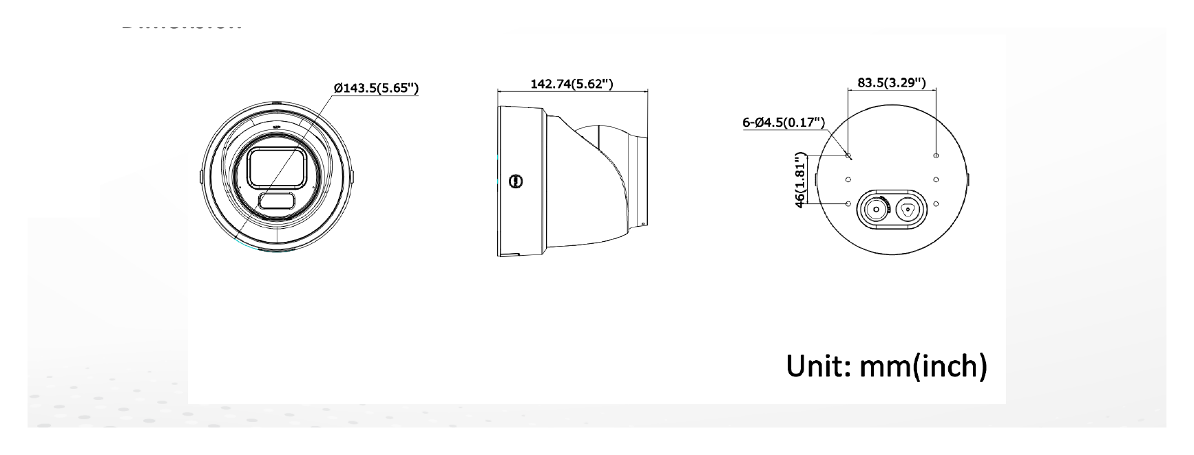 DS-2CD2H66G2H-IZSY 外形尺寸圖 Ø 143.5 mm × 142.7 mm (Ø 5.7" × 5.6")｜重量 Approx. 1240 g (2.7 lb.)｜Unit: mm