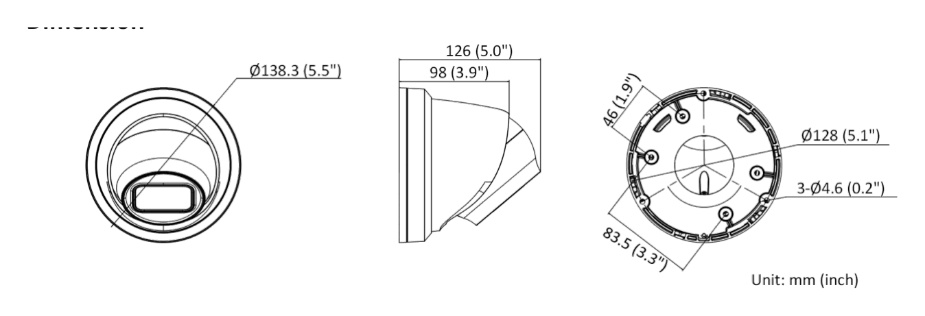 DS-2CD2H66G2T-IZS-C 外形尺寸圖 Ø 138.3 mm × 126 mm (Ø 5.5" × 5.0")｜重量 Approx. 850 g (1.9 lb.)｜Unit: mm