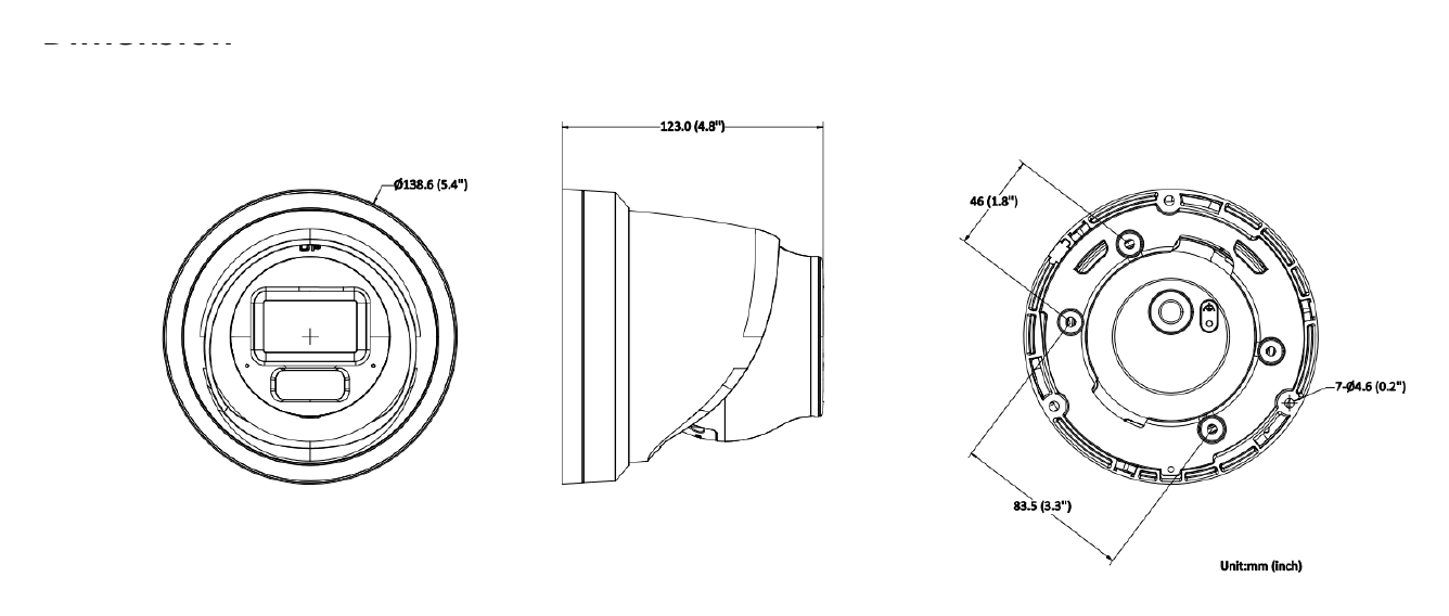 DS-2CD2H83G2-LIZS2U 外形尺寸圖 Ø 138.6 mm × 123 mm (Ø 5.4" × 4.8")｜重量 Approx. 860 g (1.9 lb.)｜Unit: mm