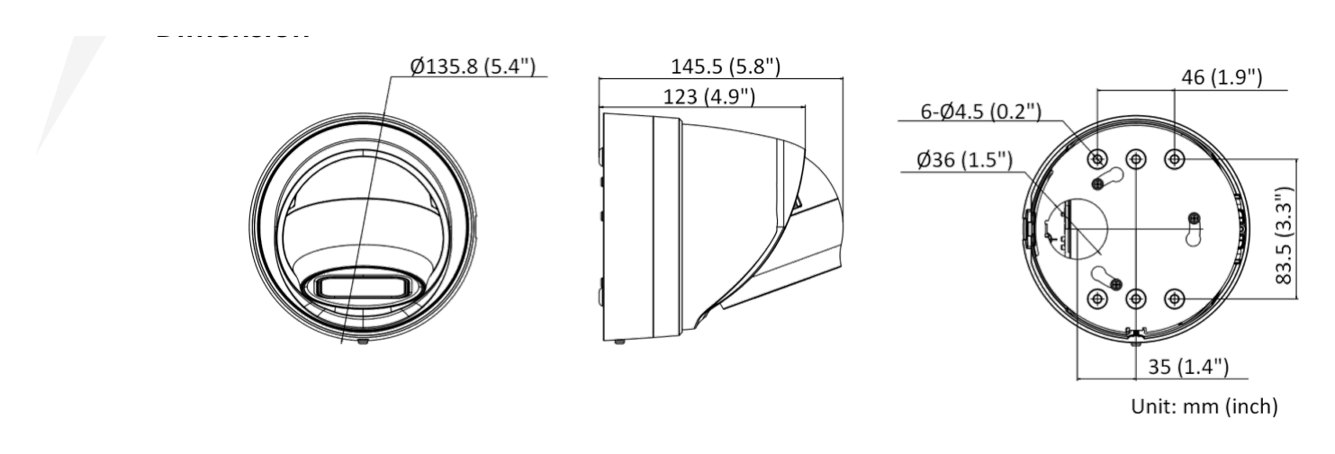 DS-2CD2H86G2-IZS-C 外形尺寸圖 Ø 135.8 mm × 145.5 mm (Ø 5.4" × 5.8")｜重量 Approx. 1160 g (2.5 lb.)｜Unit: mm