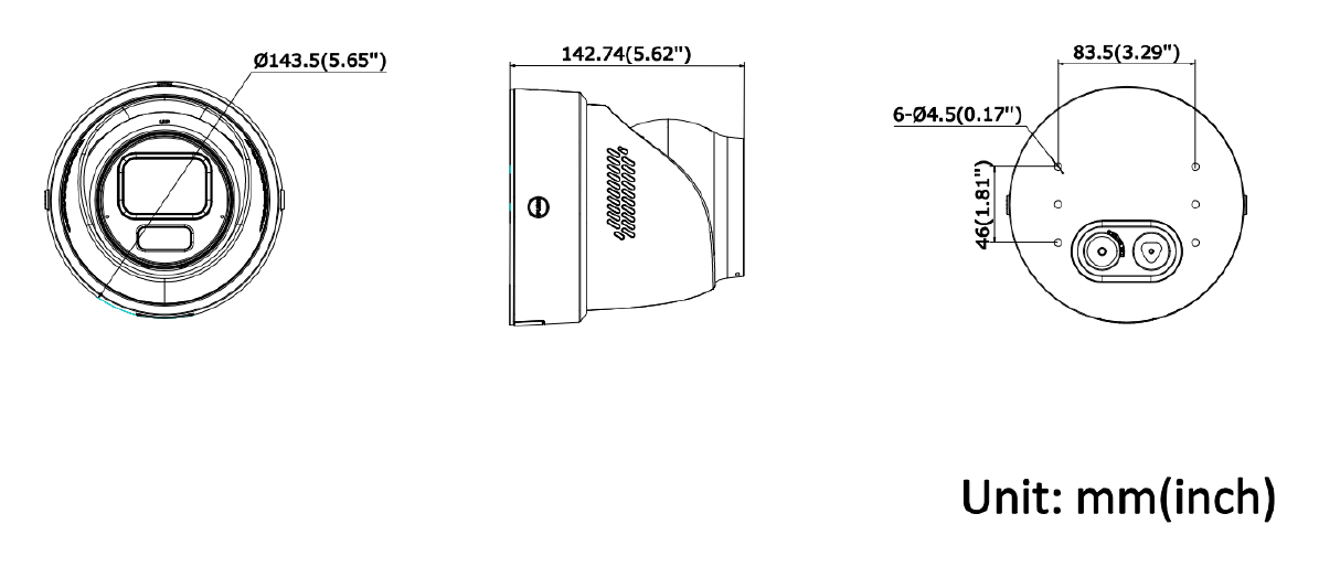 DS-2CD2H87G3-LIZS2UY 外形尺寸圖 Ø 143.5 mm × 142.7 mm (Ø 5.7" × 5.6")｜重量 Approx. 1265 g (2.8 lb.)｜Unit: mm