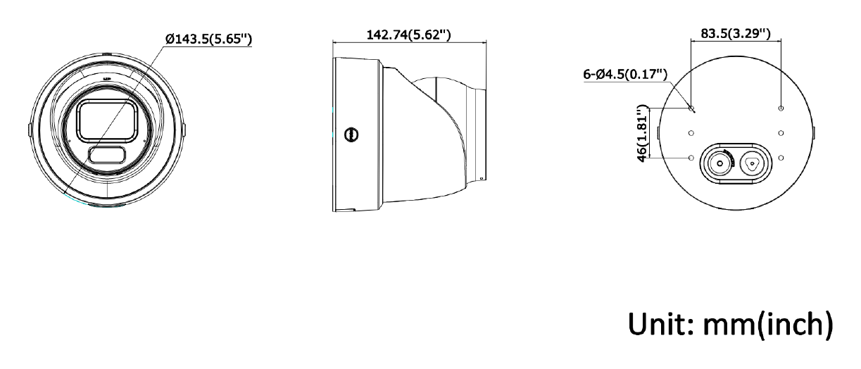 DS-2CD2H87G3-LIZSY 外形尺寸圖 Ø 143.5 mm × 142.7 mm (Ø 5.7" × 5.6")｜重量 Approx. 1245 g (2.7 lb.)｜Unit: mm