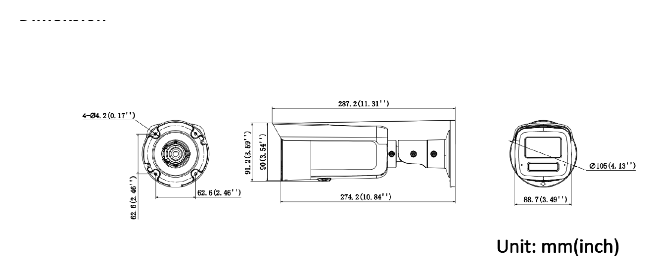 DS-2CD2T123G2-2LI2U 外形尺寸圖 88.7 mm × 91.2 mm × 287.2 mm (3.5" × 3.6" × 11.3")｜重量 Approx. 1200 g (2.7 lb.)｜Unit: mm