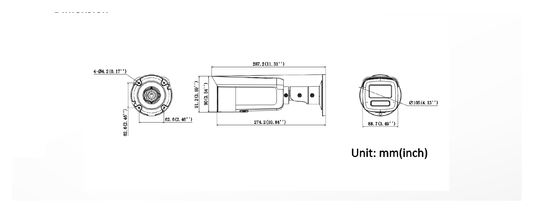 DS-2CD2T126G3-2I2UY 外形尺寸圖 88.7 mm × 91.2 mm × 287.2 mm (3.5" × 3.6" × 11.3")｜重量 Approx. 1200 g (2.7 lb.)｜Unit: mm
