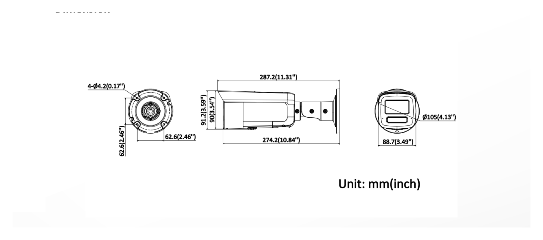 DS-2CD2T126G3-IS2UY 外形尺寸圖 88.7 mm × 91.2 mm × 287.2 mm (3.5" × 3.6" × 11.3")｜重量 Approx. 1250 g (2.8 lb.)｜Unit: mm