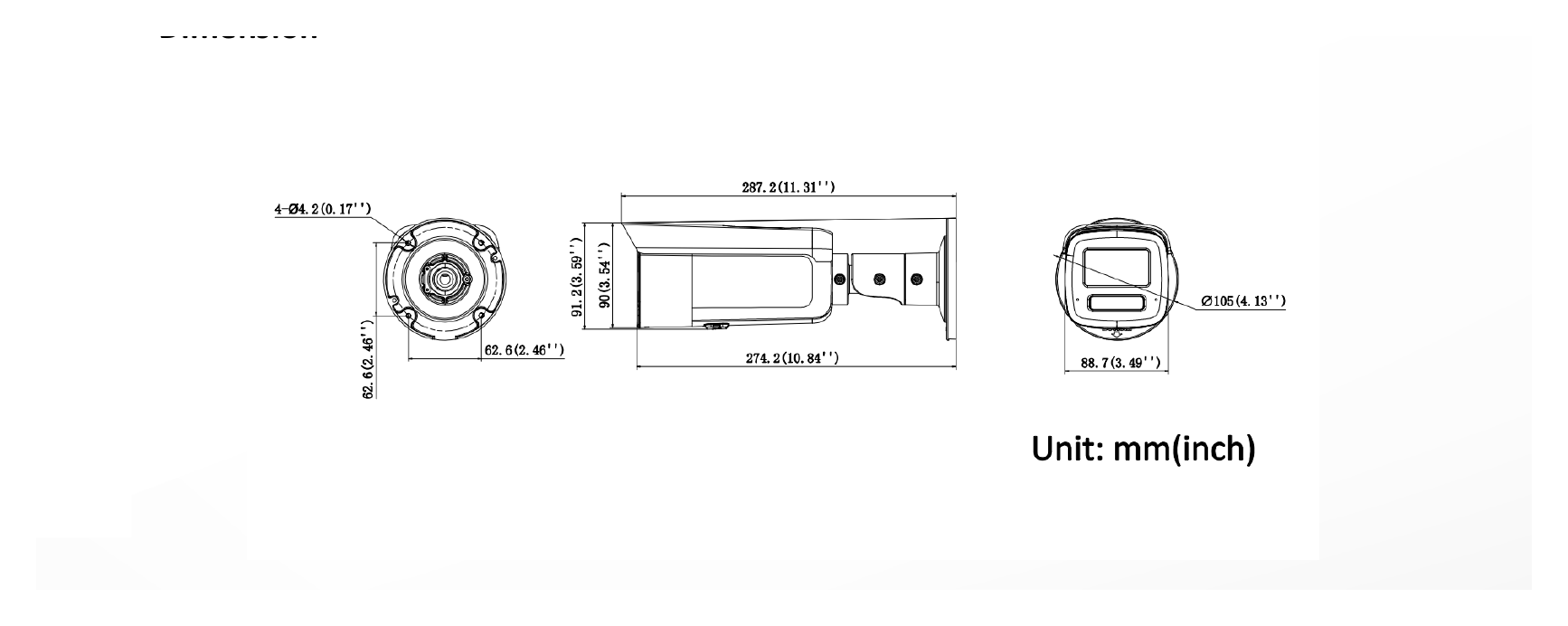 DS-2CD2T166G3-2I2UY 外形尺寸圖 88.7 mm × 91.2 mm × 287.2 mm (3.5" × 3.6" × 11.3")｜重量 Approx. 1200 g (2.7 lb.)｜Unit: mm