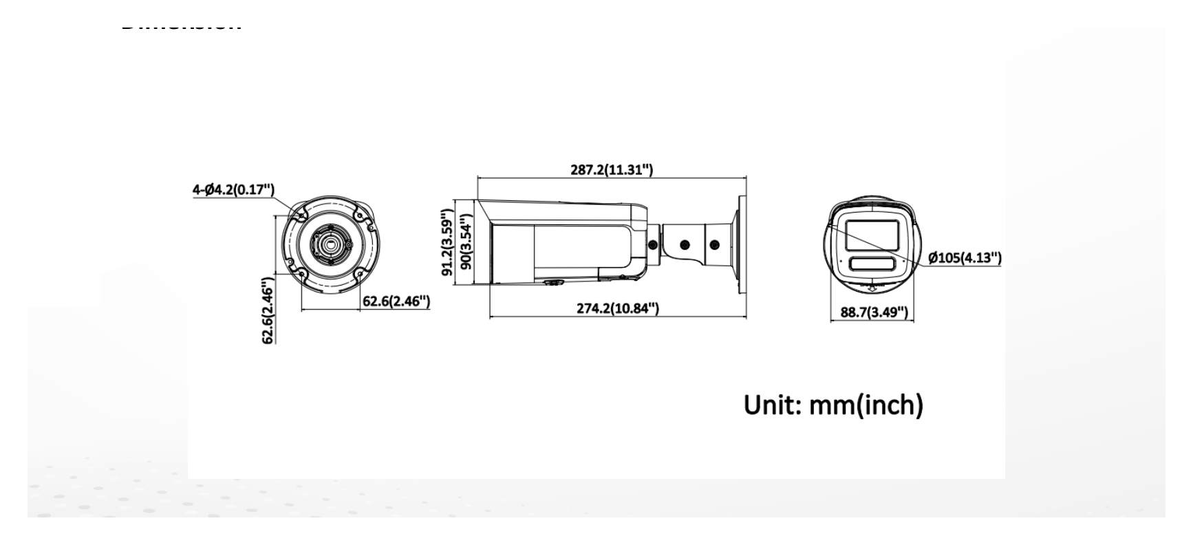 DS-2CD2T166G3-IS2UY 外形尺寸圖 88.7 mm × 91.2 mm × 287.2 mm (3.5" × 3.6" × 11.3")｜重量 Approx. 1250 g (2.8 lb.)｜Unit: mm