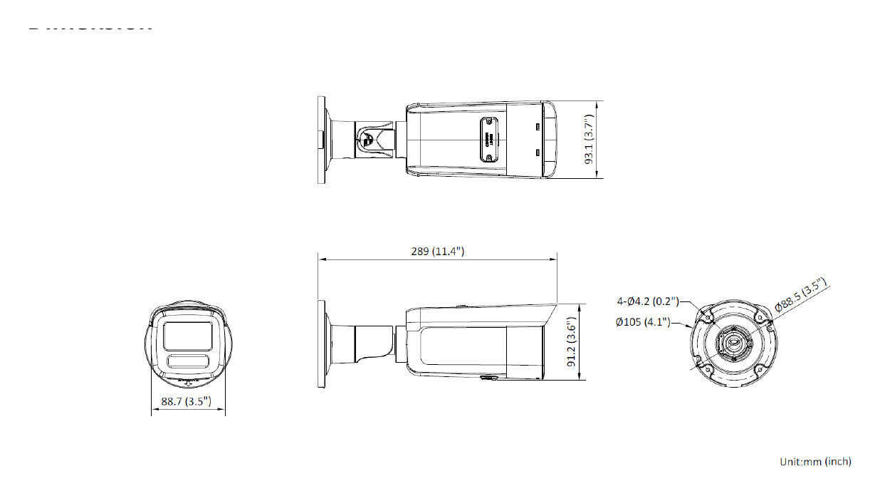 DS-2CD2T23G2-2I 外形尺寸圖 289 mm × 93.1 mm × 91.2 mm (11.4" × 3.7" × 3.6")｜重量 Approx. 1100 g (2.4 lb.)｜Unit: mm