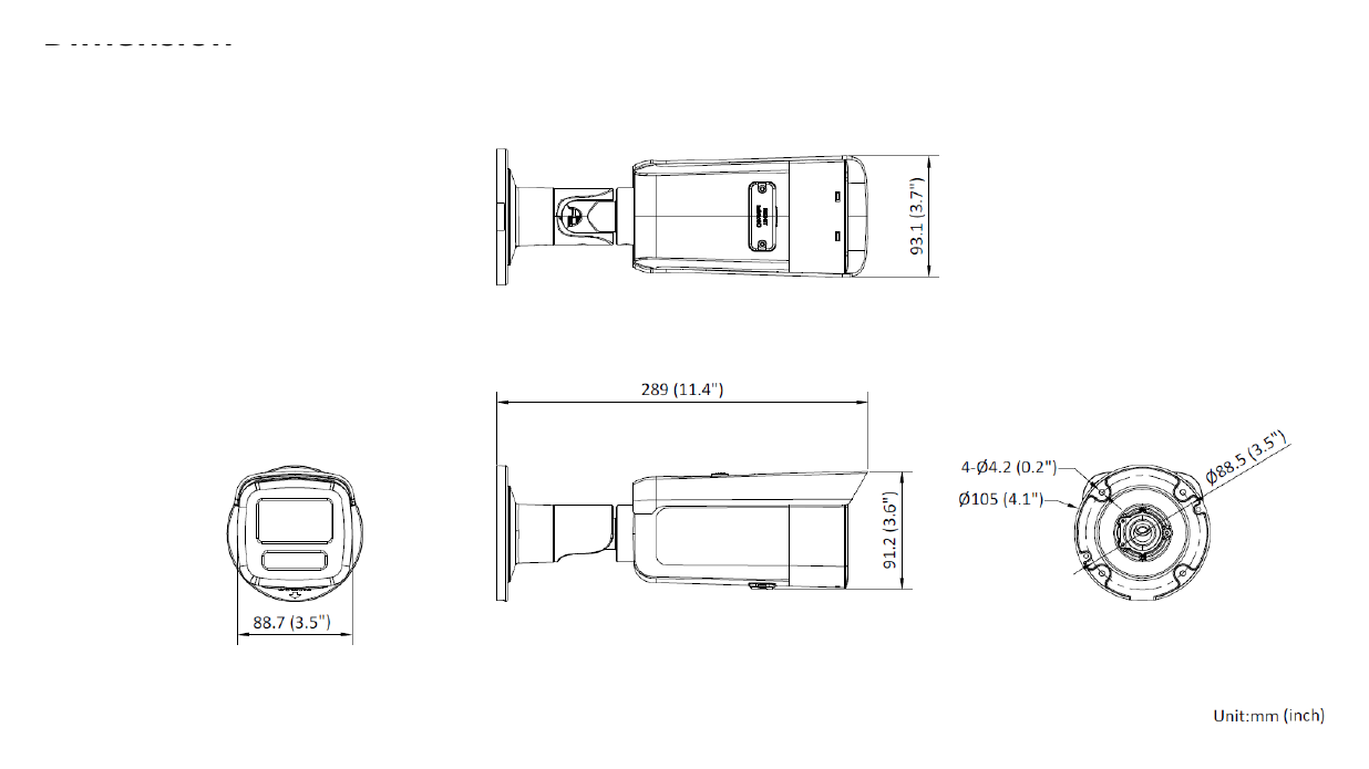 DS-2CD2T26G2-2I 外形尺寸圖 289 mm × 93.1 mm × 91.2 mm (11.4" × 3.7" × 3.6")｜重量 Approx. 1020 g (2.2 lb.)｜Unit: mm