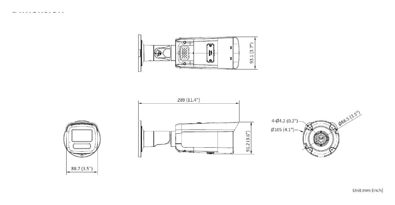 DS-2CD2T26G2-ISU/SL 外形尺寸圖 289 mm × 93.1 mm × 91.2 mm (11.4