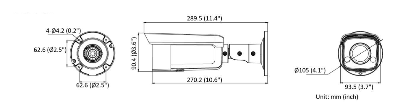 DS-2CD2T27G2-L-C 外形尺寸圖 Ø 105 mm × 289.5 mm (Ø 4.1" × 11.4")｜重量 Approx. 1090 g (2.4 lb.)｜Unit: mm