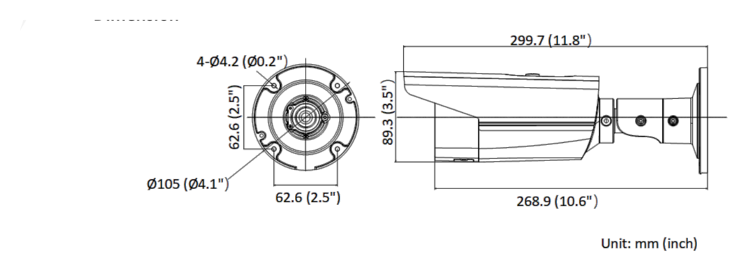 DS-2CD2T43G2-2I 外形尺寸圖 Ø105 × 299.7 mm (Ø4.1″ × 11.8″)｜重量 Approx. 1070 g (2.4 lb.)｜Unit: mm