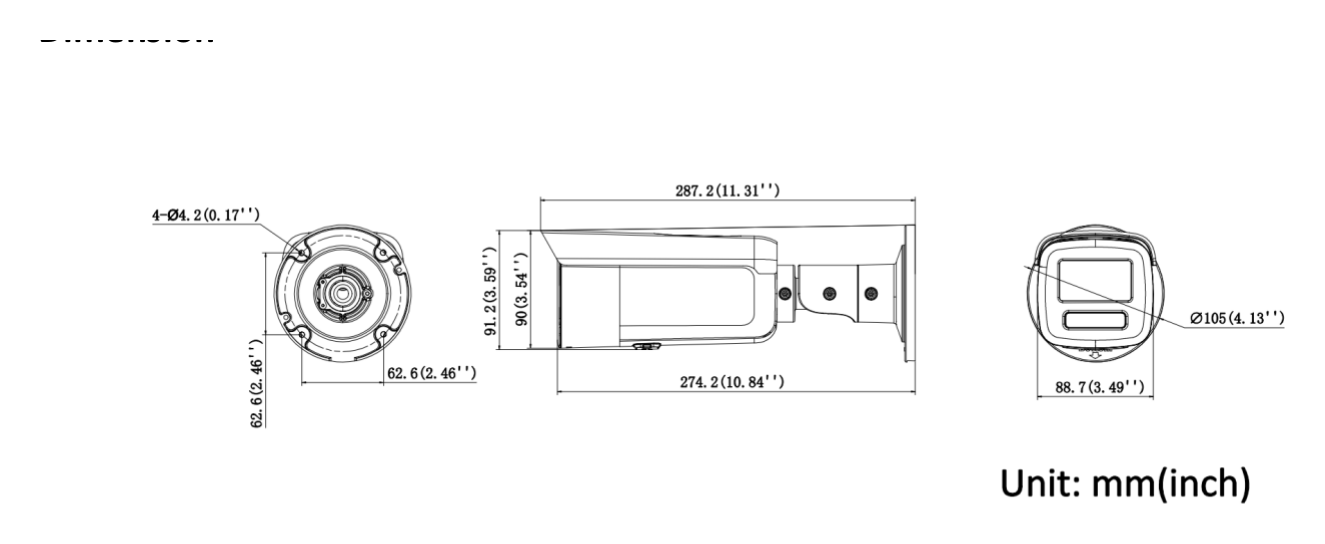 DS-2CD2T43G2-2LIZ2UY 外形尺寸圖 88.7 mm × 91.2 mm × 287.2 mm (3.5" × 3.6" × 11.3")｜重量 Approx. 1165 g (2.6 lb.)｜Unit: mm