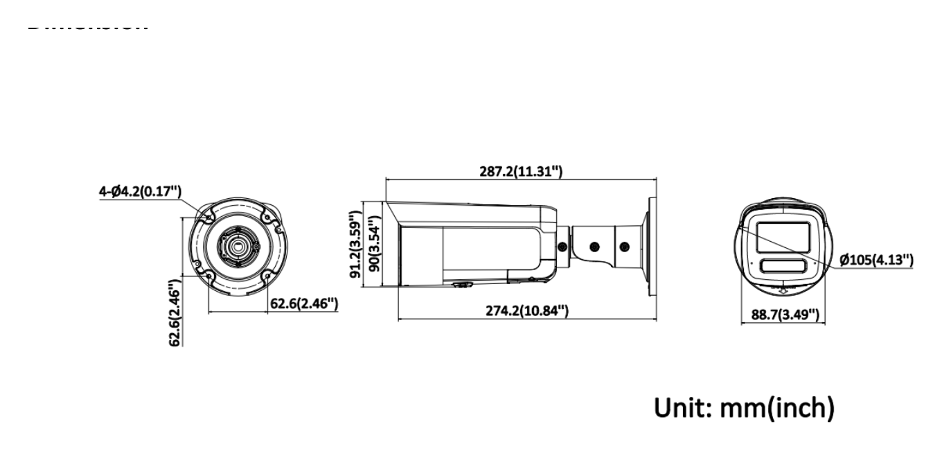 DS-2CD2T43G2-LIZS2UY 外形尺寸圖 88.7 mm × 91.2 mm × 287.2 mm (3.5" × 3.6" × 11.3")｜重量 Approx. 1220 g (2.7 lb.)｜Unit: mm