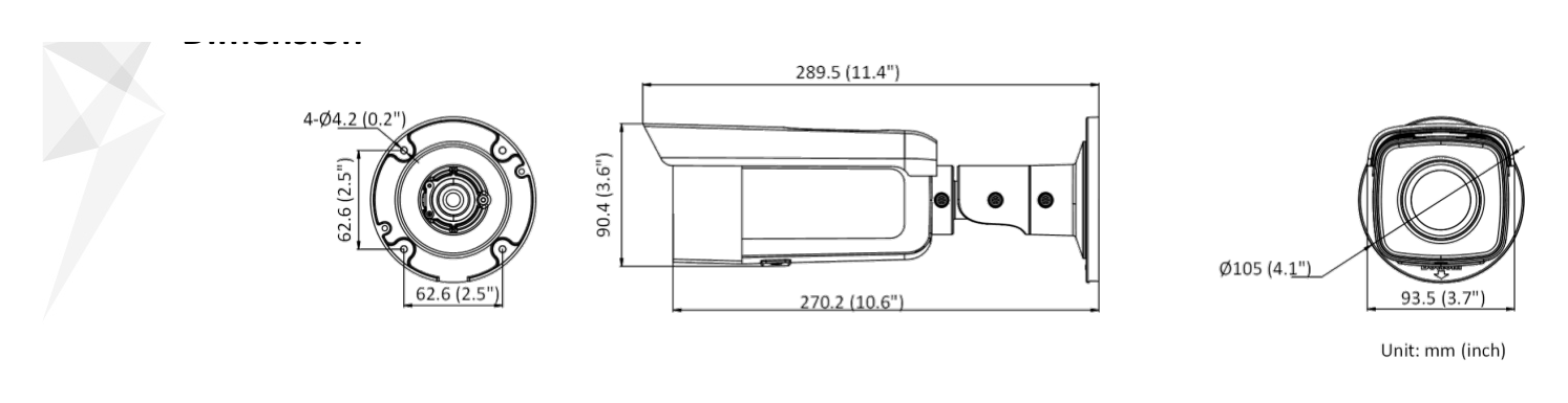 DS-2CD2T46G2-2I 外形尺寸圖 Ø 105 mm × 289.5 mm (Ø 4.1" × 11.4")｜重量 Approx. 1075 g (2.4 lb.)｜Unit: mm