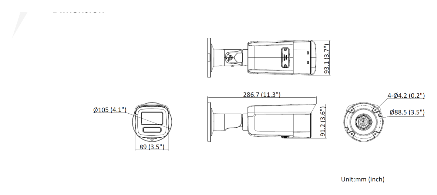 DS-2CD2T46G2-4IY-C 外形尺寸圖 286.7 mm × 93.3 mm × 91.2 mm (11.3" × 3.7" × 3.6")｜重量 Approx. 1075 g (2.4 lb.)｜Unit: mm